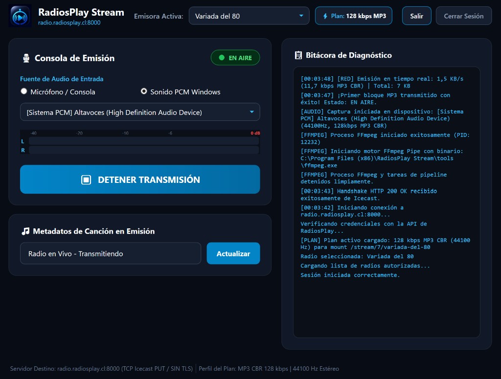 Consola de RadiosPlay Stream en vivo: fuente PCM, VU, metadatos y bitácora